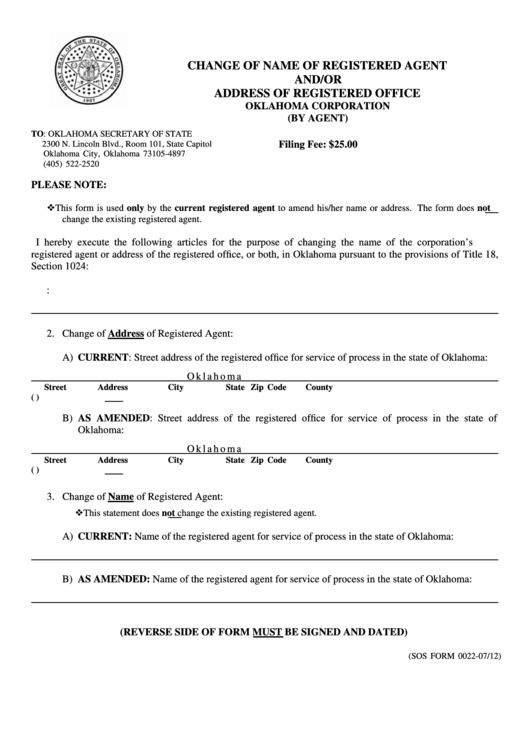 Fillable Sos Form 0022 - Change Of Name Of Registered Agent And/or Address Of Registered Office Oklahoma Corporation (By Agent) Printable pdf