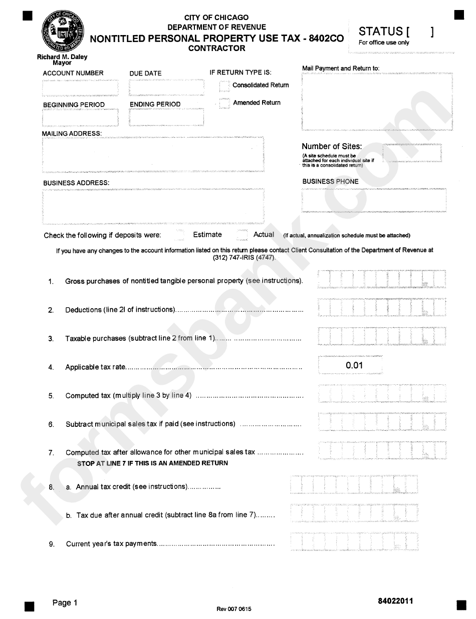 Form 8402co - Nontitled Personal Property Use Tax - City Of Chicago