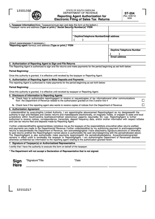 Form St-554 - Reporting Agent Authorization For Electronic Filing Of Sales Tax Returns Printable pdf
