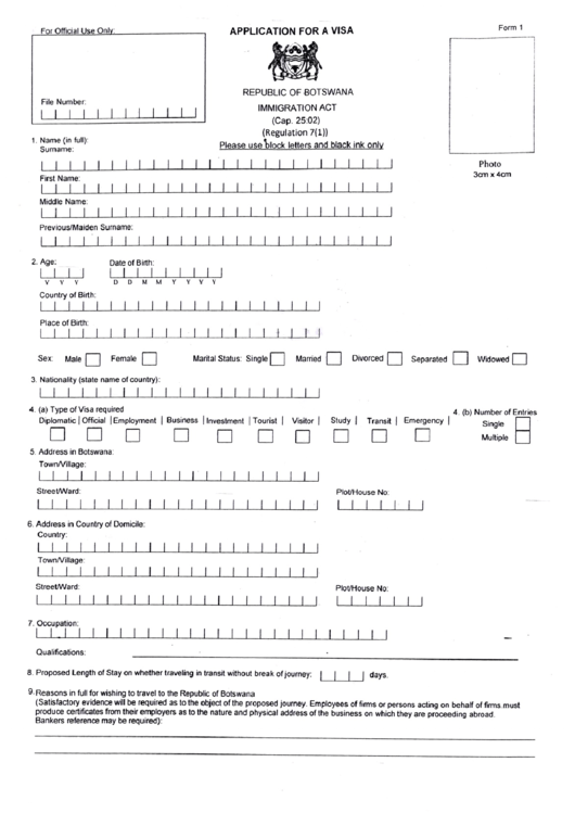 Fillable Application For A Visa - Republic Of Botswana Printable pdf