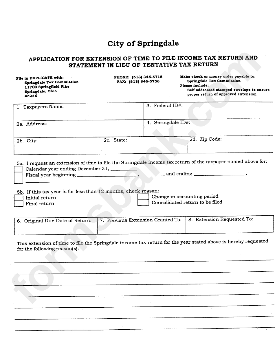 Application For Extension Of Time To File Income Tax Return And Statement In Lieu Of Tentative Tax Return - City Of Springdale, Ohio