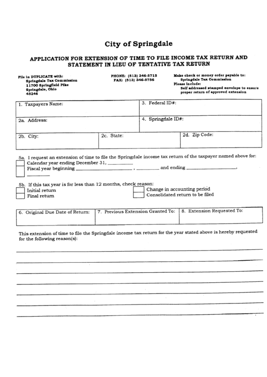 Application For Extension Of Time To File Income Tax Return And Statement In Lieu Of Tentative Tax Return - City Of Springdale, Ohio Printable pdf