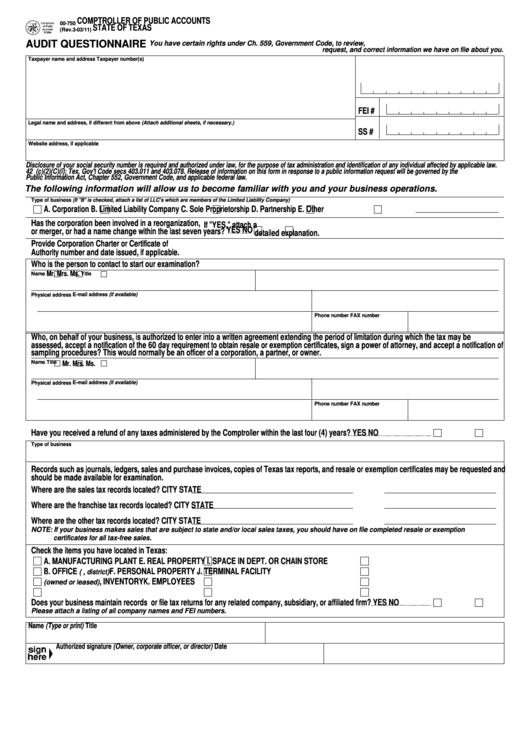 Fillable Form 00-750 - Audit Questionnaire - Comptroller Of Public Accounts, State Of Texas Printable pdf