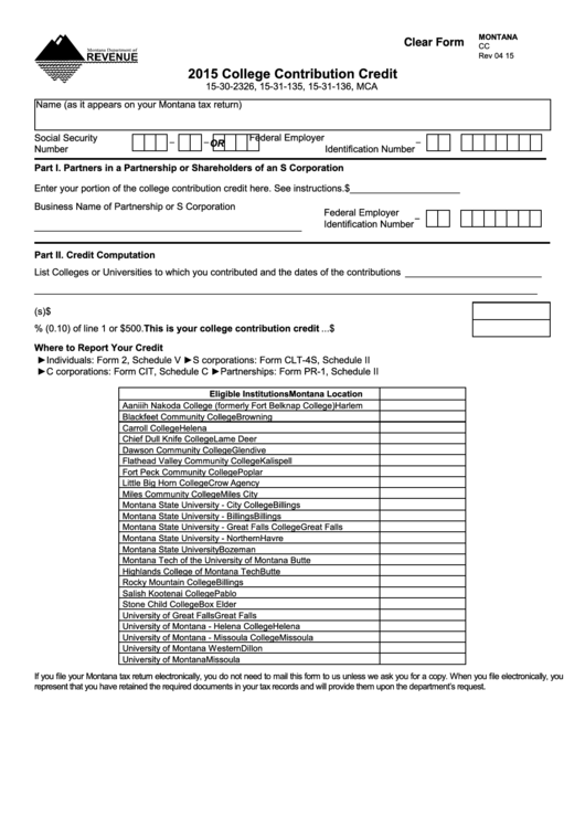 Fillable Form Cc - College Contribution Credit -Montana Department Of Revenue - 2015 Printable pdf
