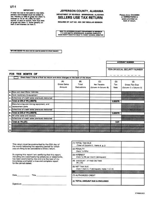 Form Ut-1 - Sellers Use Tax Return - Department Of Revenue - Jefferson County
