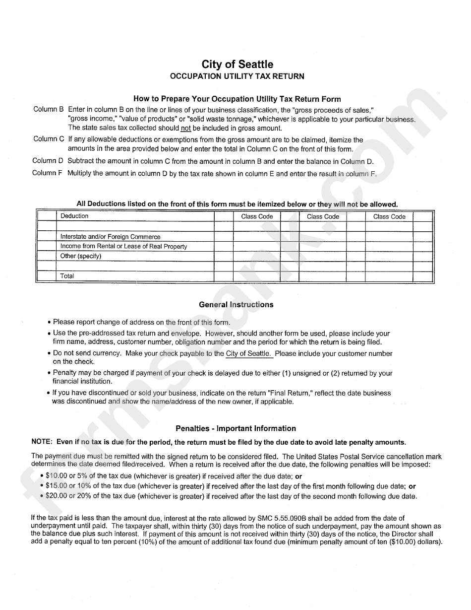 Instructions For Occupation Utility Tax Return Form - City Of Seattle