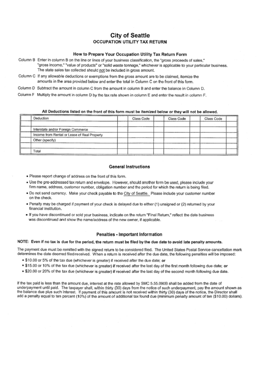 Instructions For Occupation Utility Tax Return Form - City Of Seattle Printable pdf