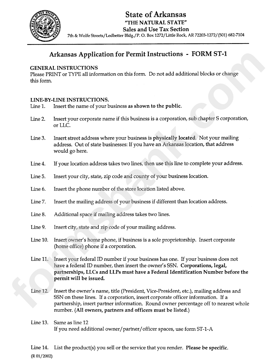 Instructions For Form St-1 - Arkansas Application For Permit