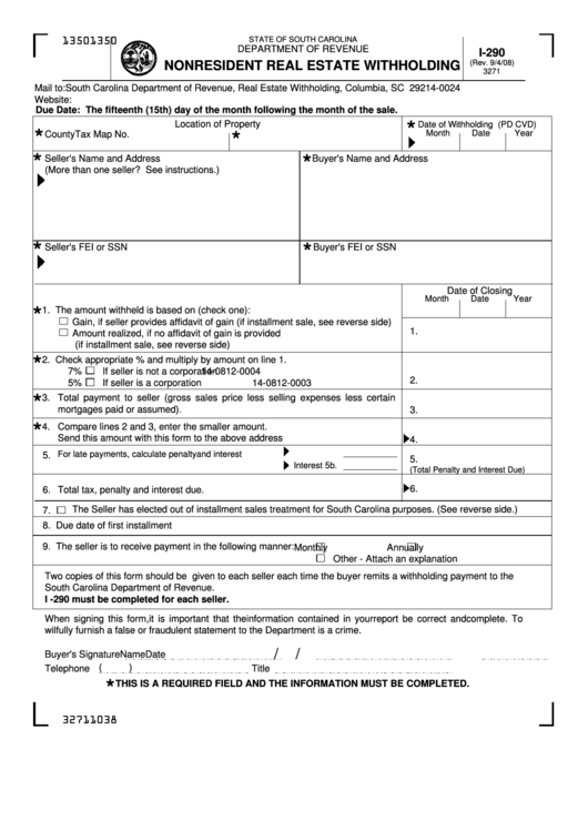Form I-290 - Nonresident Real Estate Withholding - South Carolina Department Of Revenue Printable pdf