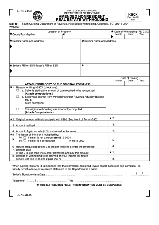 Form I-290x - Amended Nonresident Real Estate Withholding - South Carolina Department Of Revenue Printable pdf