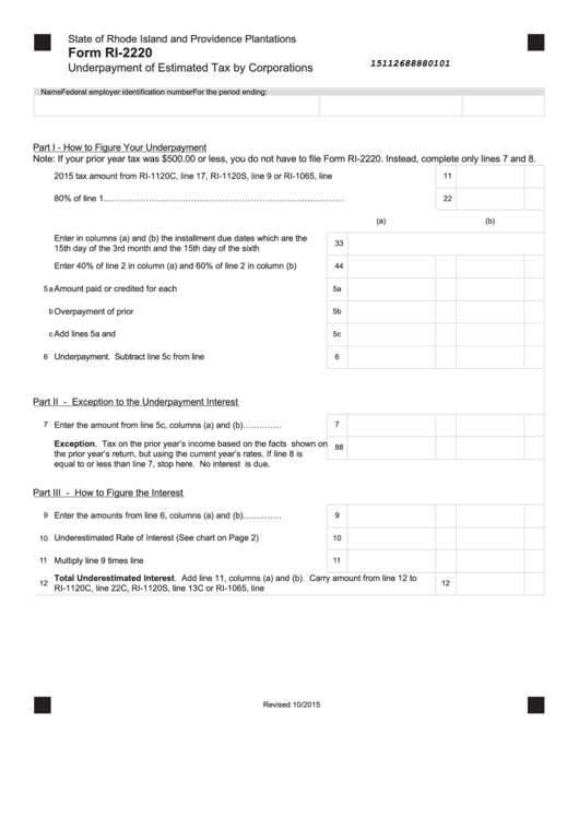 Form Ri-2220 - Underpayment Of Estimated Tax By Corporations Printable pdf
