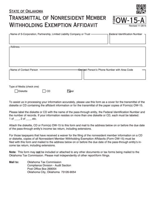 Fillable Form Ow-15-A - Transmittal Of Nonresident Member Withholding Exemption Affidavit Printable pdf