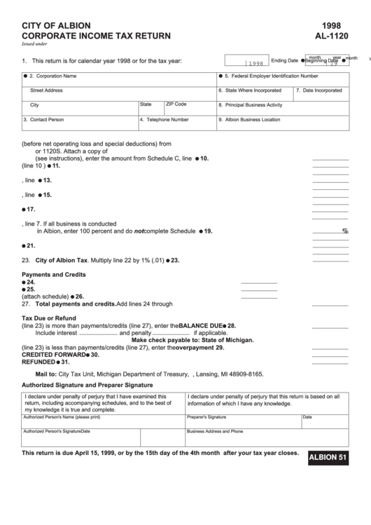 Fillable Form Al-1120 - Corporate Income Tax Return - City Of Albion- 1998 Printable pdf
