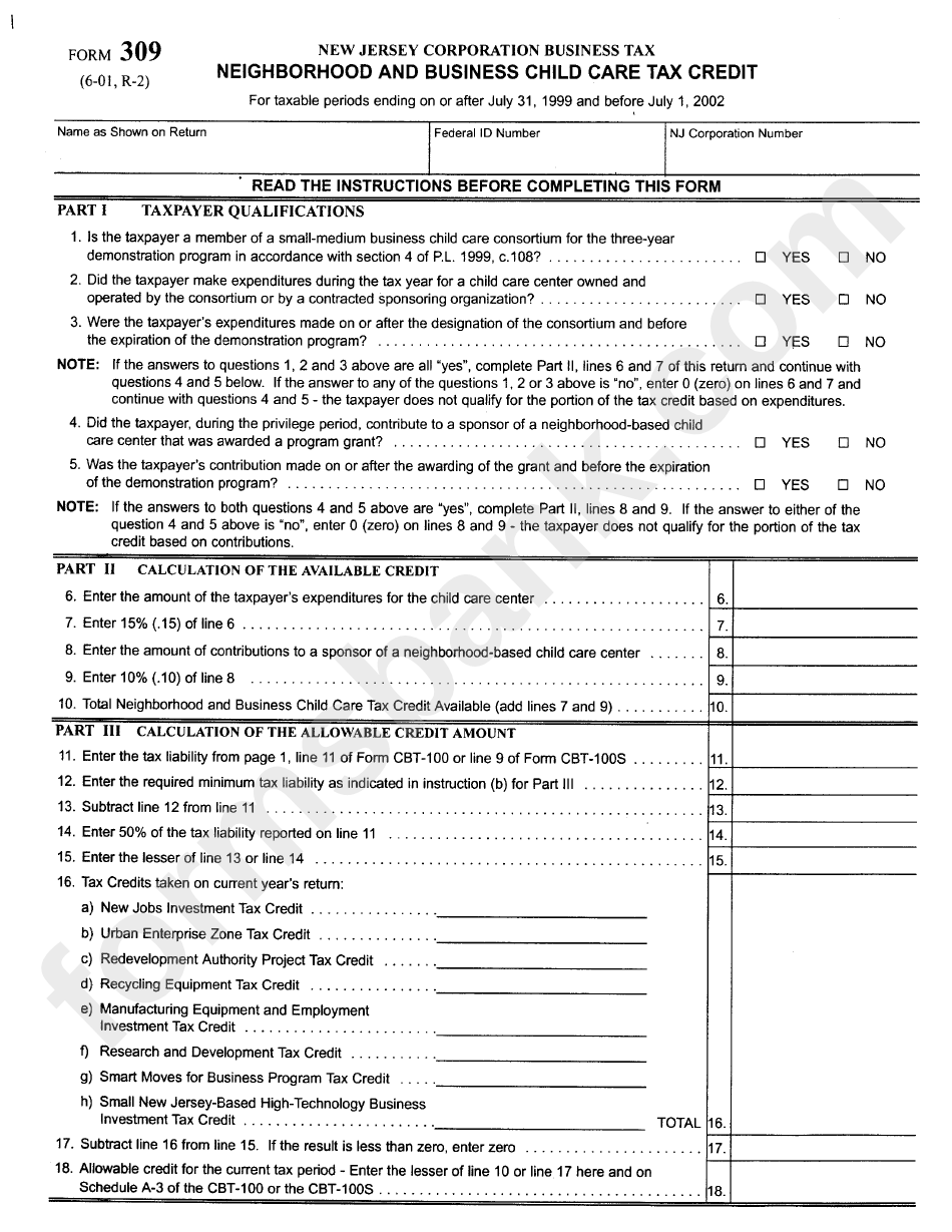 Form 309 - Neighborhood And Business Child Care Tax Credit