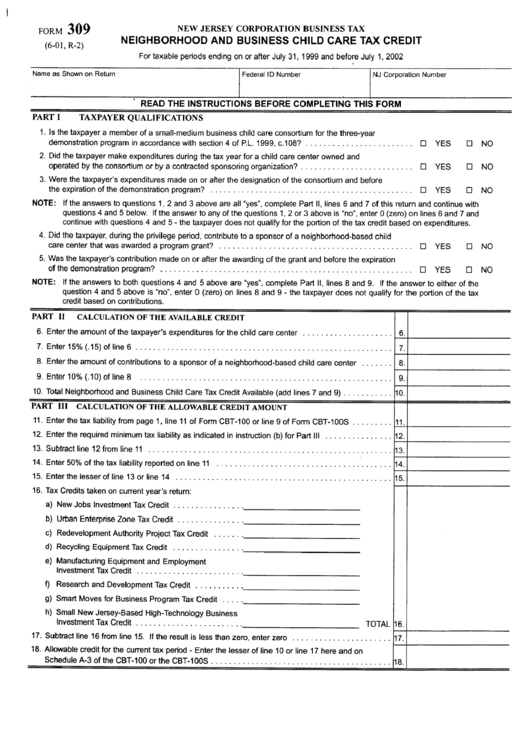 Form 309 - Neighborhood And Business Child Care Tax Credit Printable pdf