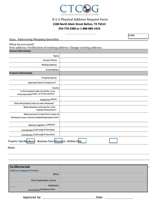 Fillable 9-1-1 Physical Addressrequest Form Printable pdf