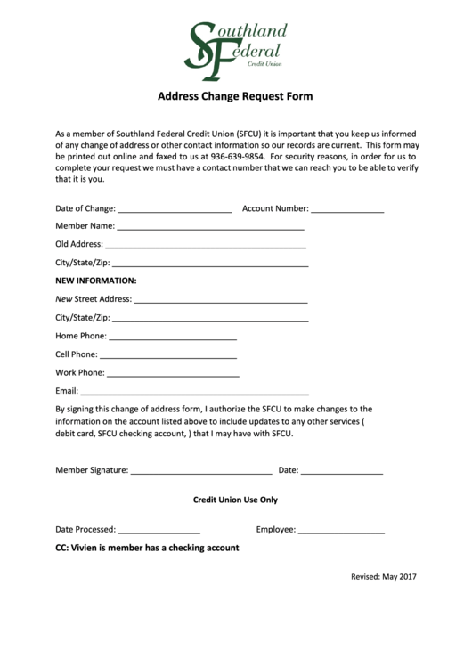 Address Change Request Form - Southland Federal Credit Union Printable pdf