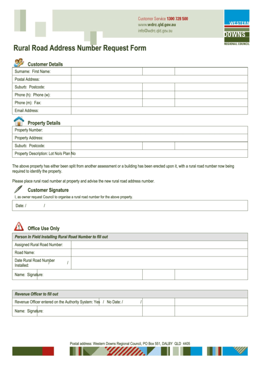 Rural Road Address Number Request Form - Western Downs Regional Council Printable pdf