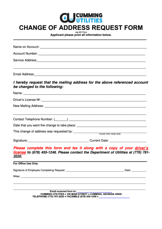 Change Of Address Request Form Cumming Utilities Printable Pdf Download