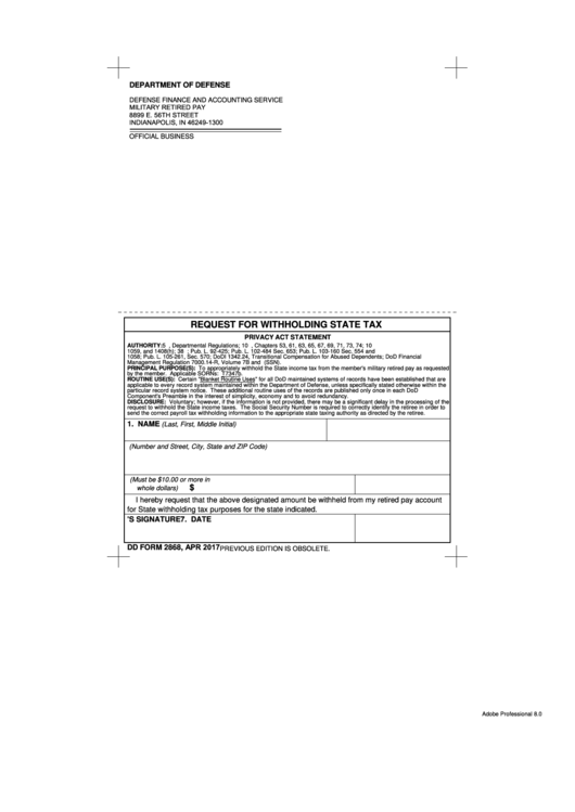 Fillable Dd Form 2868 - Request For Withholding State Tax Printable pdf