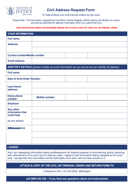 Fillable Civil Address Request Form - New Zealand Ministry Of Justice Printable pdf