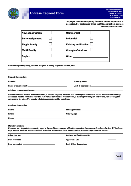 Address Request Form - Town Of Leland Printable pdf