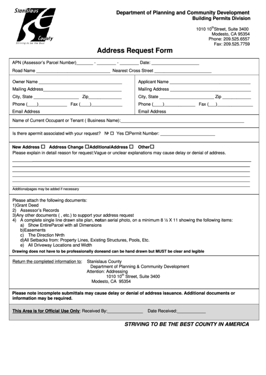 Fillable Address Request Form - Stanislaus County Department Of Planning & Community Development Printable pdf