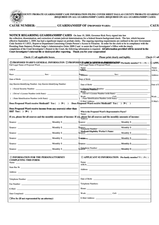Fillable Dallas County Probate Guardianship Case Information Filing Cover Sheet Printable pdf