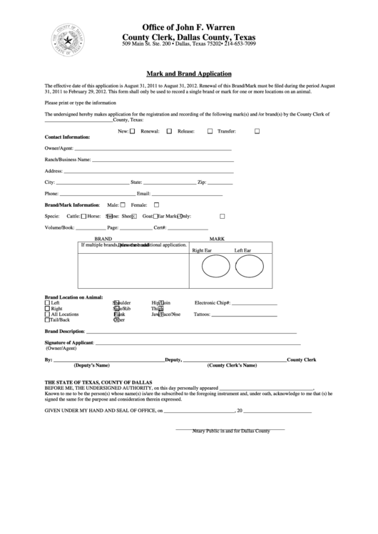 Fillable Mark And Brand Application - Dallas County, Texas Printable pdf