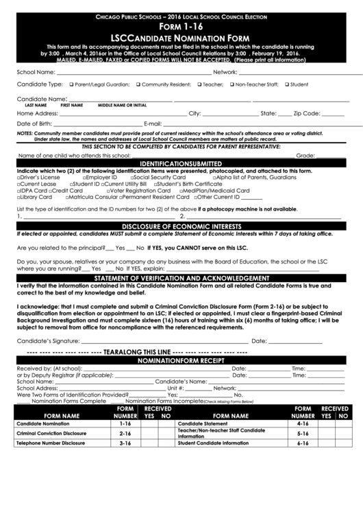 Form 1-16 - Lsc Candidate Nomination - Chicago Public Schools - 2016 Printable pdf