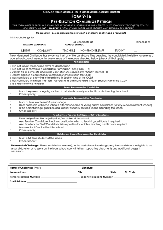 Form 9-16 - Pre-Election Challenge Petition - Chicago Public Schools - 2016 Printable pdf