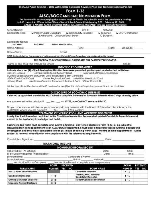 Form 1-16 - Alsc/bog Candidate Nomination - Chicago Public Schools - 2016 Printable pdf