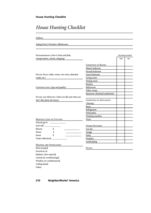 House Hunting Checklist Template Printable pdf
