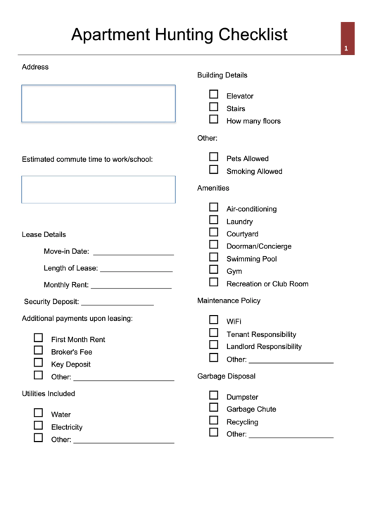 Fillable Apartment Hunting Checklist Template Printable pdf