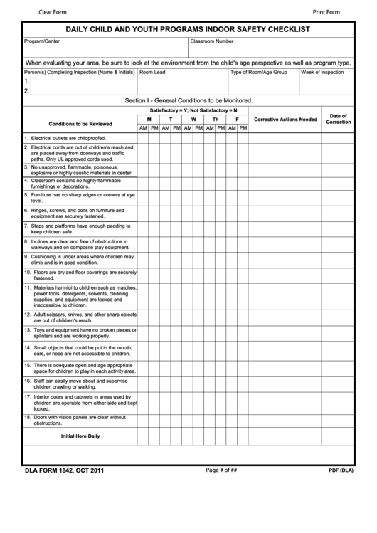 Form Dla 1842 - Daily Child And Youth Programs Indoor Safety Checklist