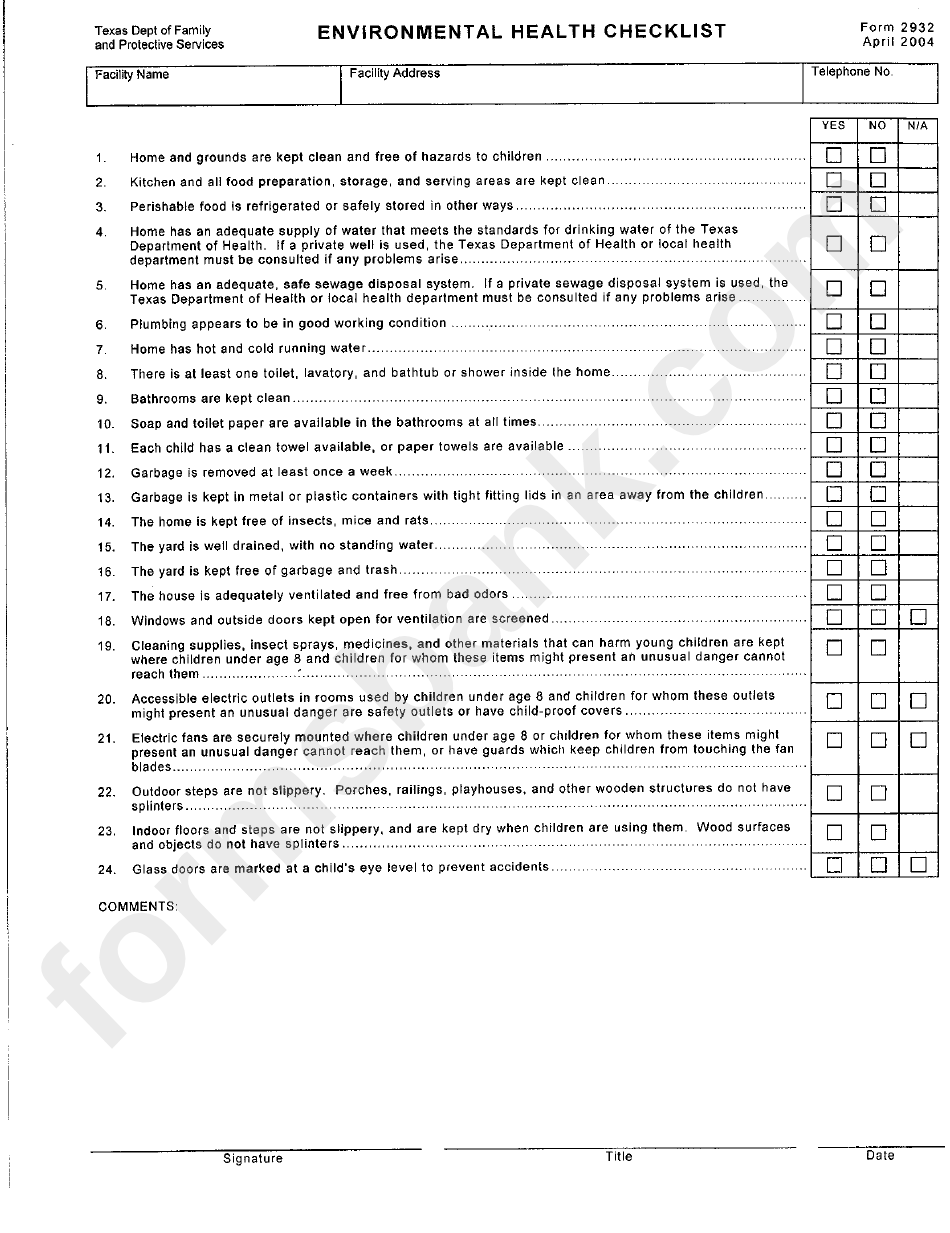 Form 2932 Environmental Health Checklist Printable Pdf Download
