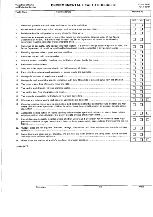 Form 2932 - Environmental Health Checklist Printable pdf
