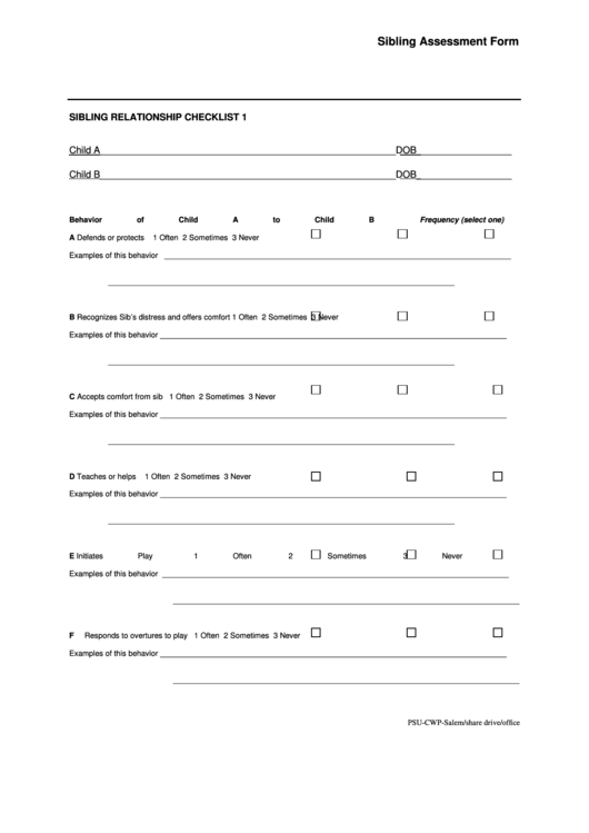 Sibling Assessment Form Printable pdf