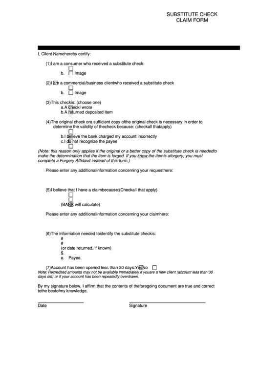 Substitute Check Claim Form Printable pdf