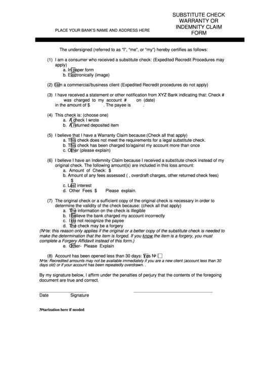 Substitute Check Warranty Or Indemnity Claim Form Printable pdf
