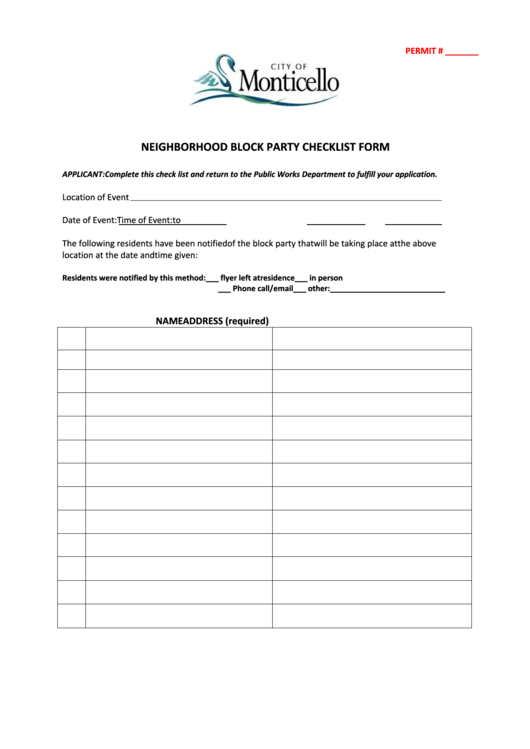 Neighborhood Block Party Checklist Form - City Of Monticello Printable pdf