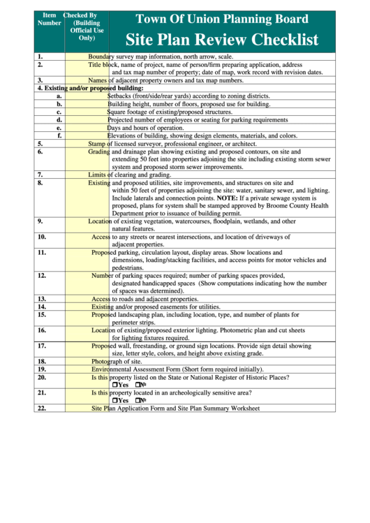 Site Plan Review Checklist - Town Of Union Planning Board Printable pdf