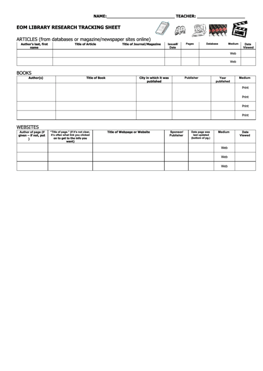 Eom Library Research Tracking Sheet Printable pdf