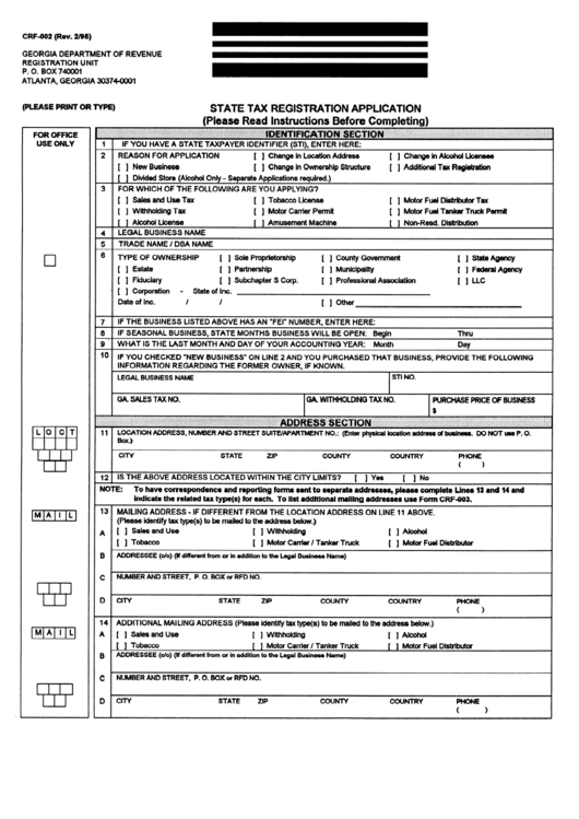 Form Crf-002 - State Tax Registration Application Printable pdf