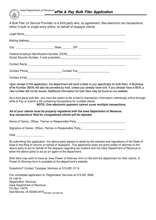 Form 78-004 - Efile And Pay Bulk Filer Application - Iowa Department Of Revenue Printable pdf