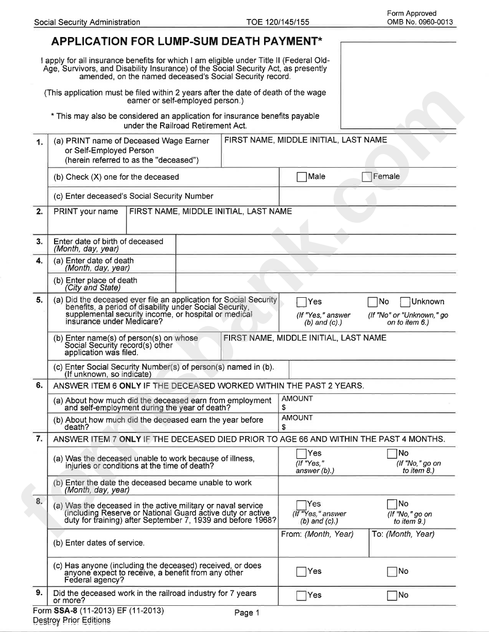 Form Ssa-8 - Application For Lump-Sum Death Payment