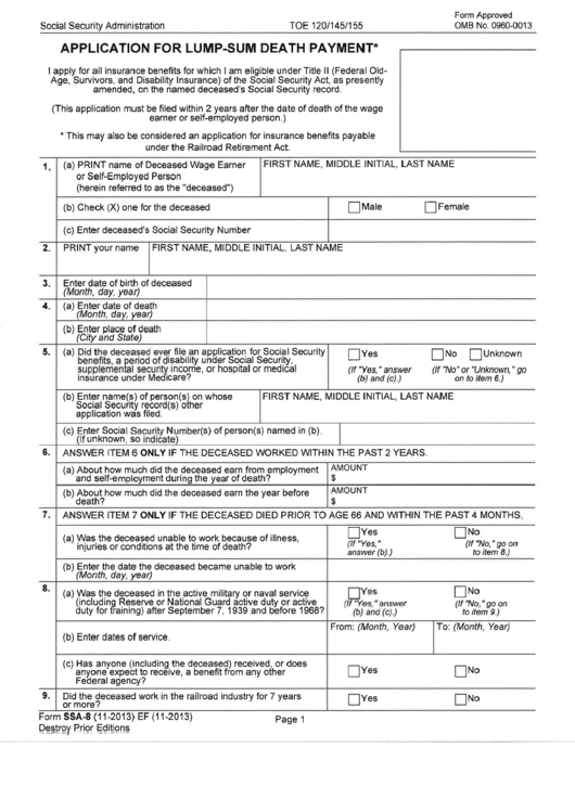 Form Ssa-8 - Application For Lump-Sum Death Payment Printable pdf