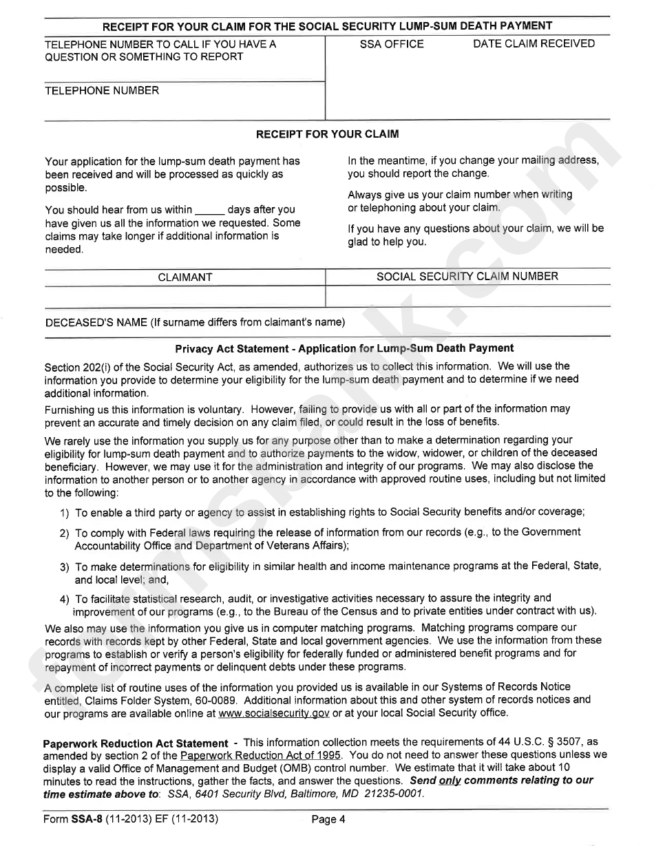 Form Ssa-8 - Application For Lump-Sum Death Payment
