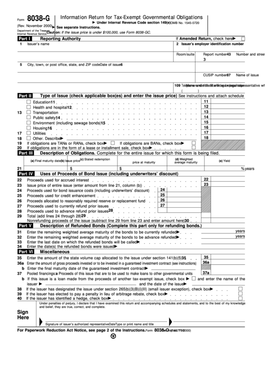 Form 8038-G - Information Return For Tax-Exempt Governmental Obligations Printable pdf
