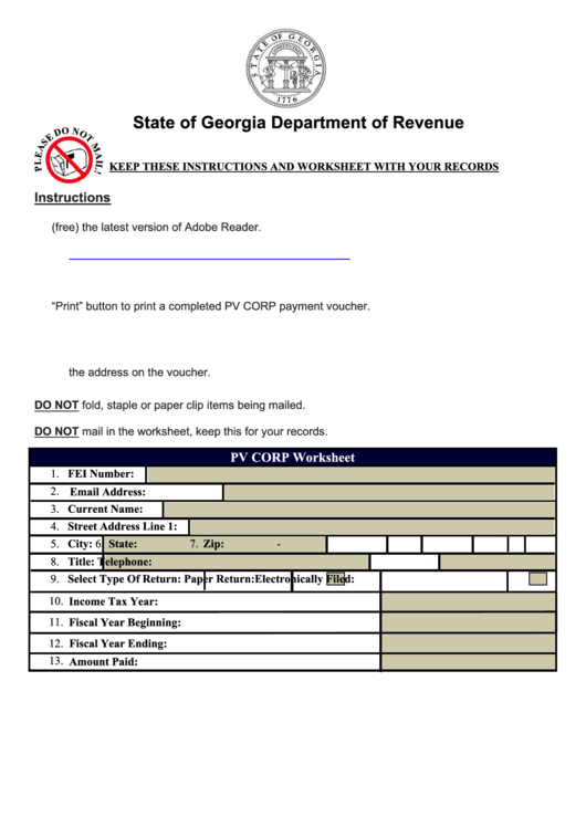 Fillable Form Pv Corp - Corporate Payment Voucher - Georgia Department Of Revenue Printable pdf